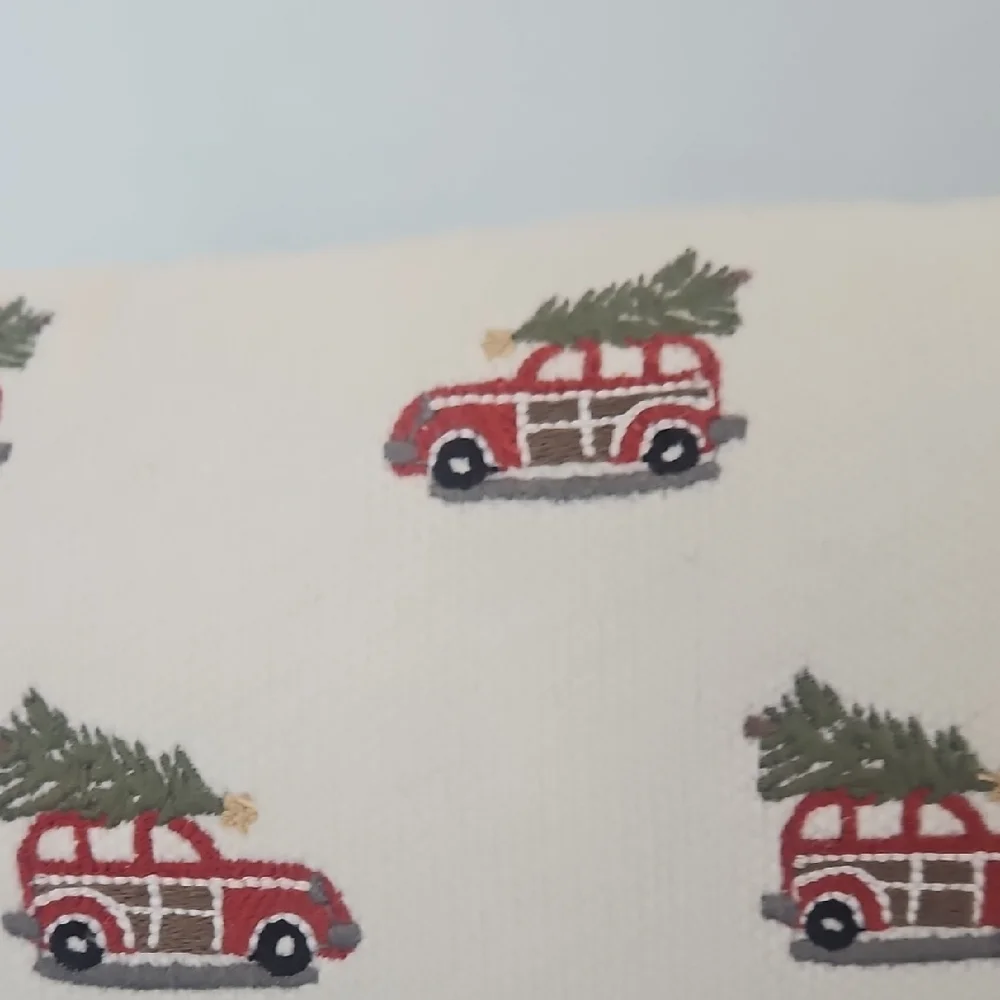 Pottery Barn Festive Red Mini Woody Car Green Trees Holiday Crewel Pillow